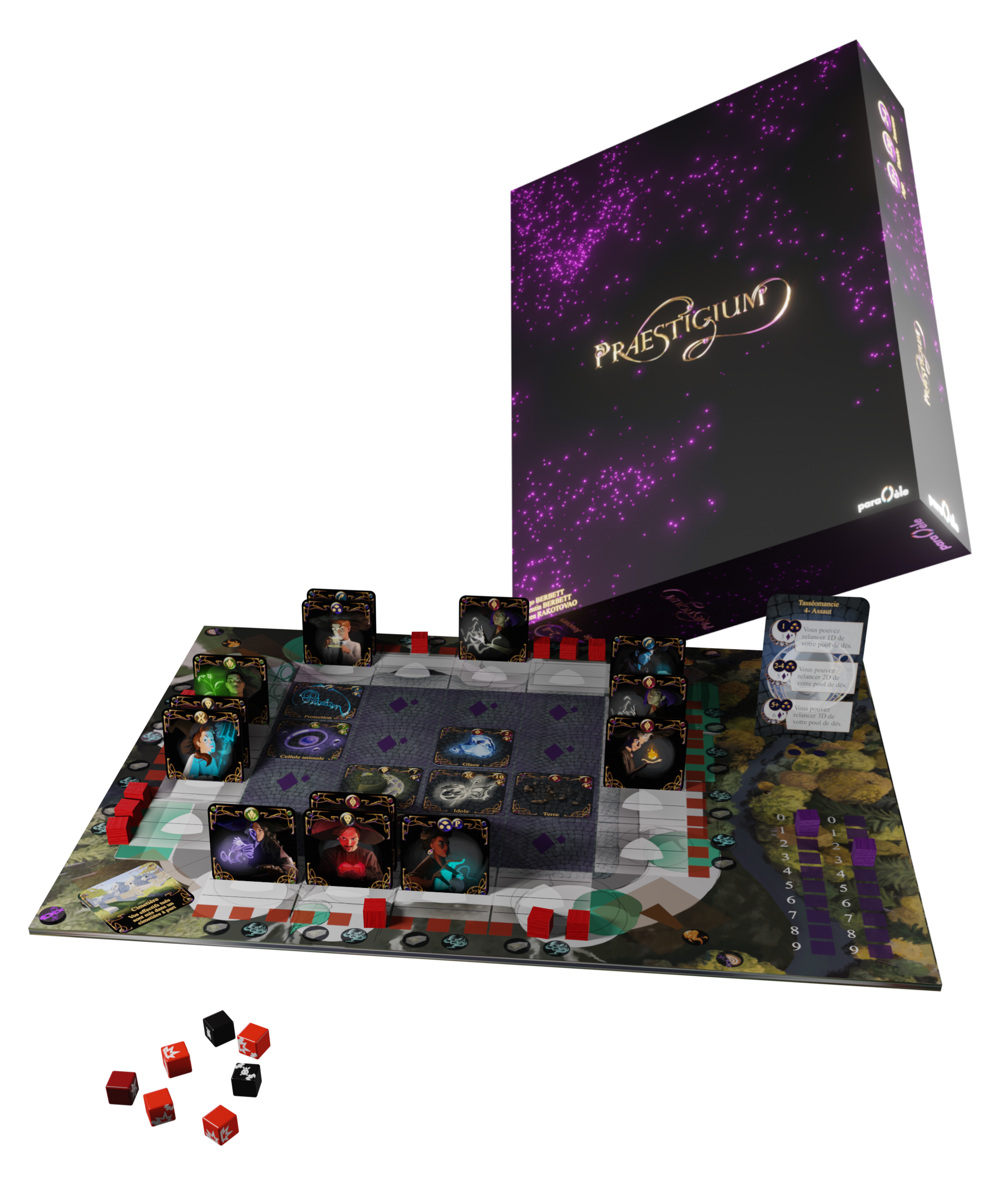 Le plateau du jeu Praestigium mis en place avec la boîte en arrière plan